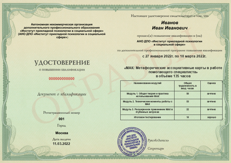 «МАК метафорические ассоциативные карты в работе помогающего специалиста» от Института прикладной психологии в социальной сфере-удостоверение